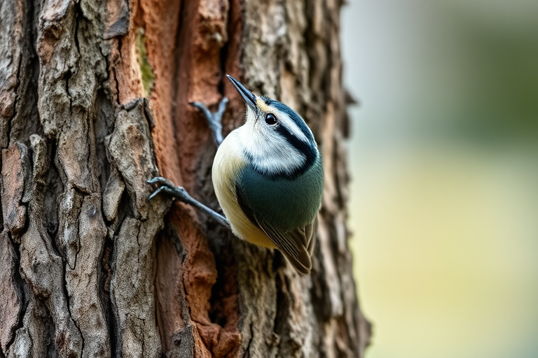 A nuthatch perched on a textured tree trunk, captured with a Canon EOS 5D Mark IV at f/4, ISO 400, 1/200 sec, in a close-up view with natural lighting for enhanced detail and clarity.