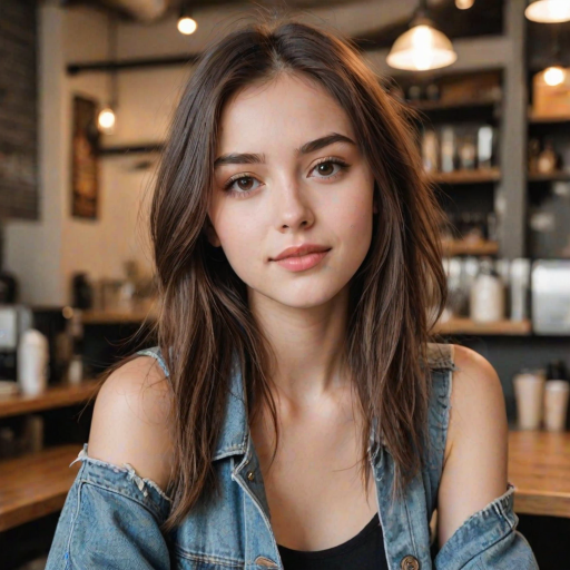 score_9, score_8_up, score_8, score_7_up, score_7, score_6_up, score_6, score_5_up, score_5,  21 year old 1girl, beautiful face, cute girl, gorgeous, supermodel, dark brown eyes, shoulder-length straight hair, parted in the middle, furry denim jacket, white tank top, makeup. Pale smooth Skin, coffee shop blurry background.