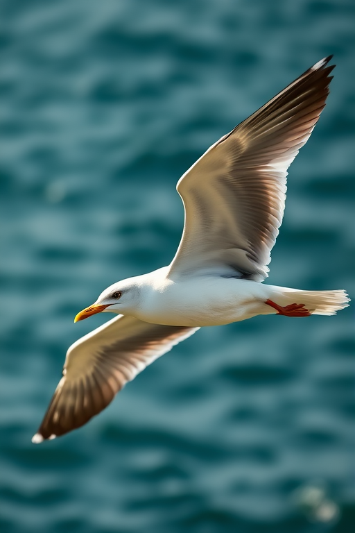 A close-up shot of a majestic seagull in mid-flight with wings spread wide, captured with a Canon EOS 5D Mark IV, 85mm lens, aperture f/4, ISO 200, 1/1000s shutter speed, natural light against a blurred ocean background.