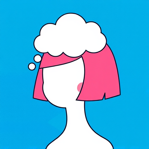 Create a vibrant, minimalist illustration of a faceless girl with short, pink hair and a thought cloud above her head, set against a textured blue background, captured with a Canon EOS R5 at f/8, ISO 100, 50mm lens, soft natural lighting from the left side to enhance colors and details.