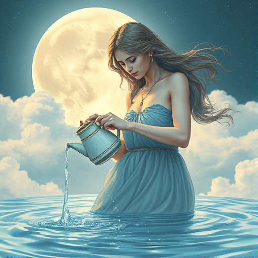 Create a serene and mystical illustration of Aquarius, featuring a figure with flowing hair pouring water from a jug, against a backdrop of a large moon and soft clouds, capturing intricate details in a digital art style, shot with a Canon EOS R5 at f/2.8, ISO 100, and a 50mm lens for enhanced depth, focusing on the textures of the figure and the shimmering water.