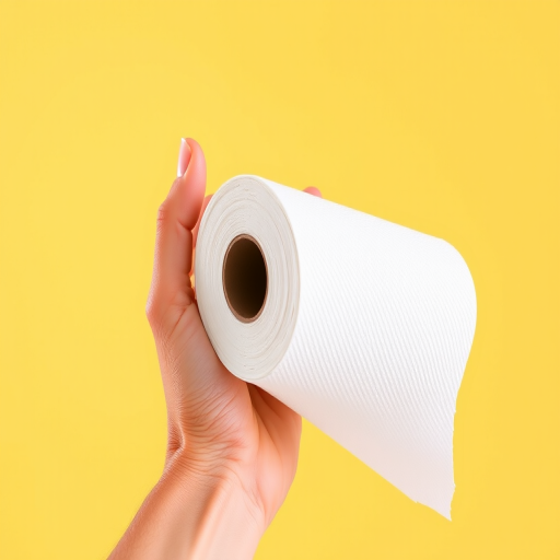 Create a high-resolution vector illustration of a hand holding a roll of white paper towels against a bright yellow background, using a DSLR camera with a 50mm lens, aperture set to f/4, ISO 100, and a shallow depth of field to enhance focus on the hand and paper towel while slightly blurring the background.