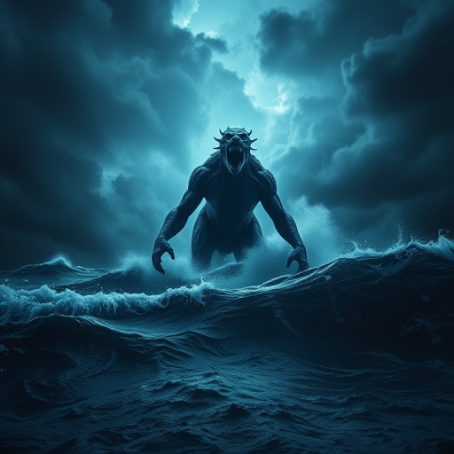 Regenerate a dark fantasy scene featuring a colossal creature emerging from turbulent seas under a stormy sky, capturing dramatic lighting and eerie atmosphere with a Canon EOS R5, 24mm lens, f/8 aperture, ISO 100, long exposure for motion in waves, and a low angle perspective to emphasize the creature's height.
