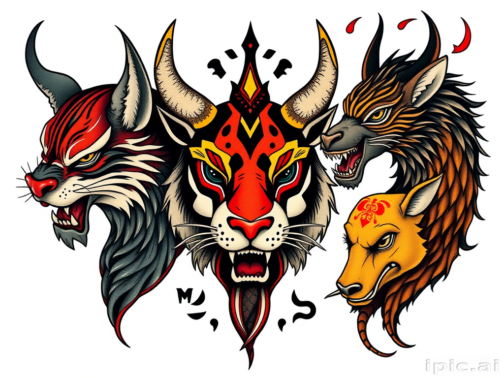 Neo-traditional tattoo titled "Mythic Menagerie" featuring stylized animal portraits with bold outlines and saturated colors, incorporating elements of folklore and mythology with a modern twist on classic tattoo imagery