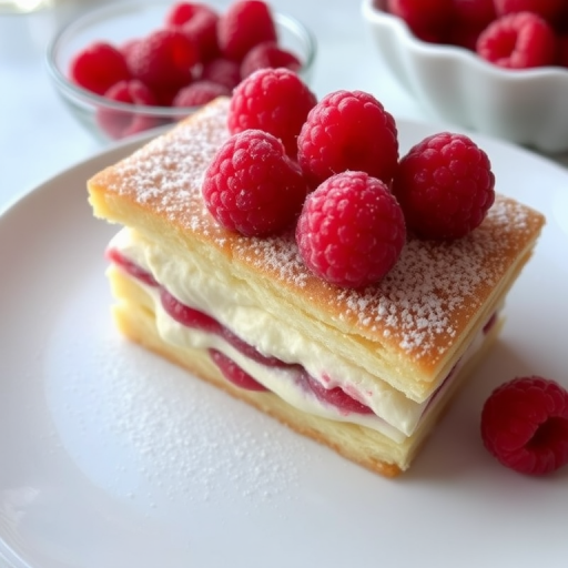 A delicious slice of layered pastry with creamy filling topped with fresh raspberries on a plate with a light dusting of powdered sugar and a bowl of raspberries in the background.