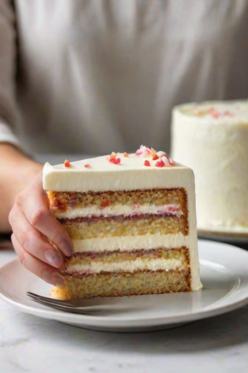 Generate an image of a hand holding a slice of cake with layers visible. The cake has a light frosting and a bright filling. The background should be simple and elegant, focusing on the cake and the slice being served.