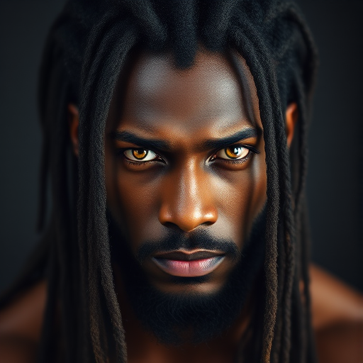 portrait of a strong man with vibrant golden eyes and long black dreadlocks, dramatic lighting, studio background, using a Canon EOS R5, 50mm lens, f/1.8 aperture, ISO 100, shallow depth of field, high contrast.