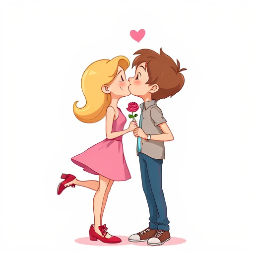 Create a vibrant illustration of a cartoon couple happily leaning in for a kiss, the girl with blonde hair in a pink dress and red shoes, and the boy with brown hair holding a pink rose, use a digital drawing style, set the canvas size to 1920x1080, incorporate bright colors and smooth lines for clarity.