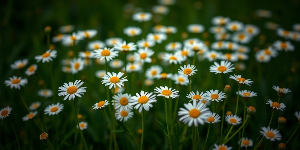 Generate an image of a field of daisies on a dark green background with soft focus, using a DSLR camera with a 50mm lens, aperture set to f/2.8, ISO 100, and natural light.