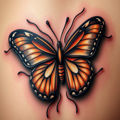 Hyper-realistic 3D tattoo of a butterfly emerging from the skin, utilizing advanced shading techniques and trompe l'oeil effects to create an astonishing illusion of depth and movement