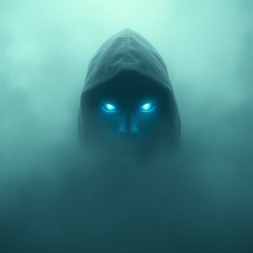 A hooded figure with glowing blue eyes emerging from thick fog, cinematic lighting, low-angle view, DSLR camera, 50mm lens, f/1.8 aperture, ISO 100, 1/200 sec shutter speed.