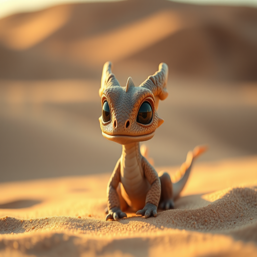 Create an image of a small, cute dragon in a desert setting, featuring soft sand dunes in the background, with detailed textures on the dragon's scales and large expressive eyes, captured with a Canon EOS R5, 85mm lens, f/1.8 aperture, natural light during golden hour, shallow depth of field for a dreamy effect.