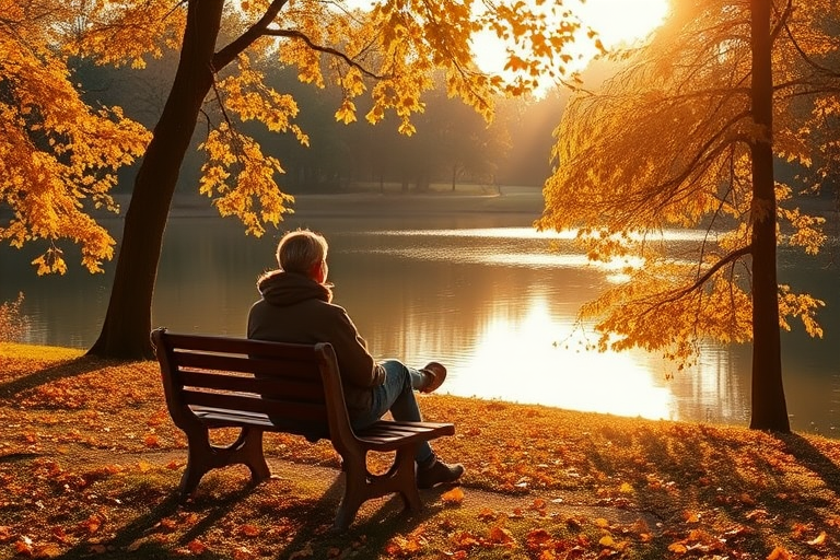 A serene autumn park scene featuring a person sitting on a bench by a lake surrounded by golden leaves, captured with a full-frame DSLR camera at f/2.8, 50mm lens, ISO 100, 1/200 second exposure, in soft natural light during golden hour for enhanced depth and warmth.