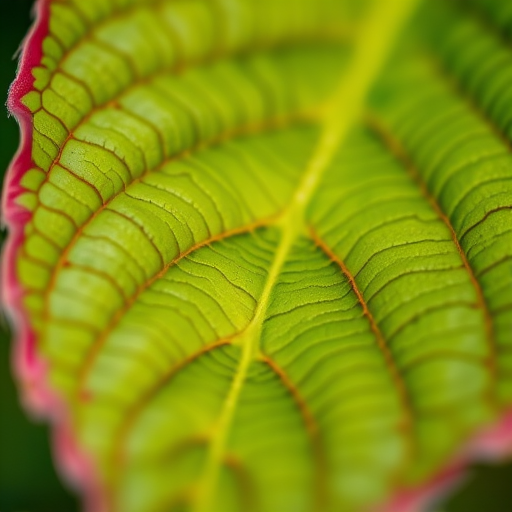 Capture a close-up of a textured leaf with vibrant green and reddish edges, using a DSLR camera with a 50mm lens, aperture set to f/2.8 for shallow depth of field, ISO 100 for clarity, and natural diffused lighting to enhance color details.