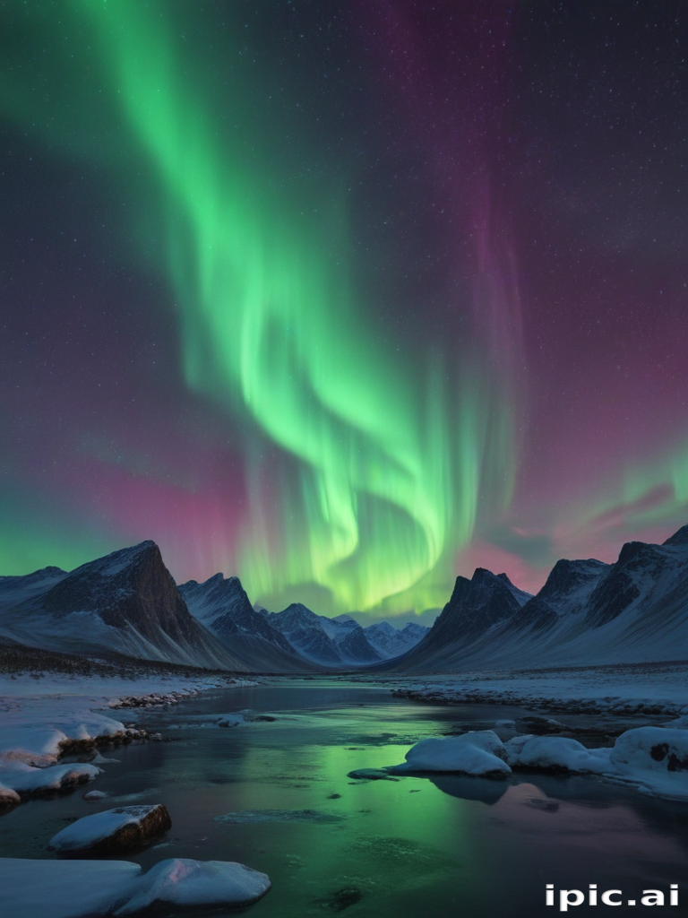Majestic Northern Lights Dancing Over Snowy Mountains and Serene River