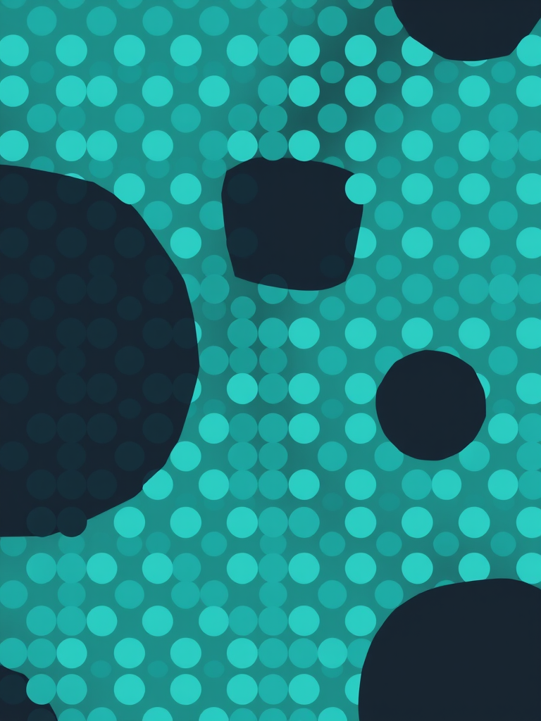 generate a high-resolution abstract pattern of circular dots in varying shades of teal and black, using a DSLR camera, f/2.8 aperture, 50mm lens, ISO 100, with a shallow depth of field to enhance focus on the dots, capturing from a straight-on perspective for a clean view.