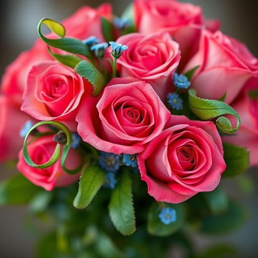 Create an image of a bouquet of roses with swirling green leaves and small blue flowers, using a DSLR camera with a 50mm lens, aperture set to f/2.8, ISO 100, and a shallow depth of field for a soft background.