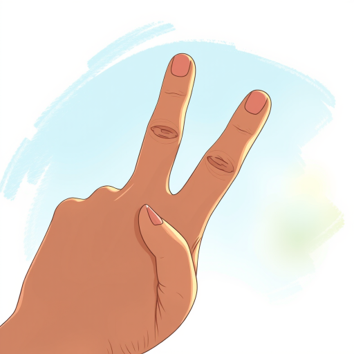 Create a high-resolution illustration of a hand making a peace sign, captured in sharp detail with a DSLR camera, 50mm lens, f/1.8 aperture, ISO 100, natural lighting, and a slightly angled view for depth.