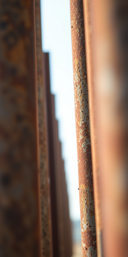 Close-up of rusty metal poles in soft natural light, shallow depth of field, ISO 100, aperture f/2.8, focal length 50mm, DSLR camera, shot from a low angle to emphasize vertical lines and texture.