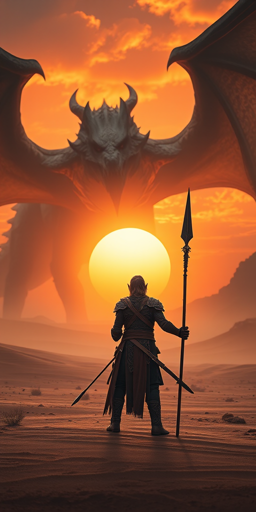 Create an epic fantasy scene featuring a warrior with a spear standing in a desert with a massive dragon in the background, sunset lighting, shot with a Canon EOS R5, 24mm lens, f/2.8, ISO 100, with a vibrant color profile and shallow depth of field to enhance details.