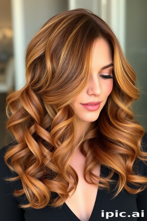 Warm caramel brown hair styled in voluminous, bouncy curls with honey highlights, the Honeycomb Haven style radiates sweet sophistication and natural charm