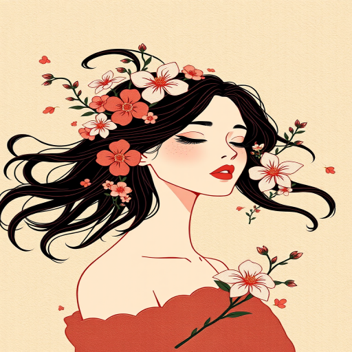 Create a high-resolution illustration of a stylized woman with flowing hair adorned with flowers, on a textured beige background, using a digital art style, simulating a Canon EOS R5 camera with a 50mm f/1.2 lens, aperture set to f/2.8, ISO 100, and soft natural lighting for enhanced detail and clarity.