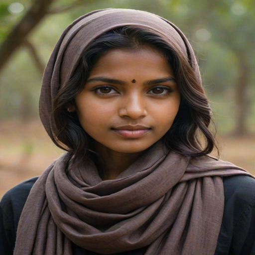 Create a portrait of a young Sri Lankan woman with long, dark hair and captivating hazel eyes. She is wearing a dark headscarf and a matching scarf draped gracefully around her neck. The background is softly blurred, focusing attention on her serene and natural expression. The overall color palette is muted and warm, enhancing the intimate and authentic feel of the portrait.