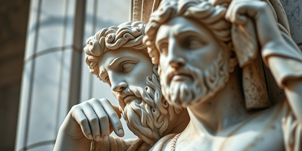 Create a highly detailed close-up shot of a classical marble sculpture depicting two heroic figures, using a DSLR camera with a 50mm lens, aperture set to f/1.8 for a shallow depth of field, with natural lighting to enhance texture, captured from a low angle for a dramatic perspective, and apply high dynamic range processing for improved detail.