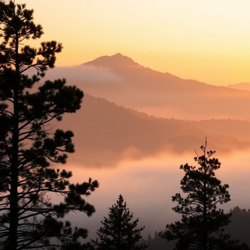capture a misty mountain landscape during sunset with soft orange hues using a DSLR camera with a 35mm lens, aperture f/8, ISO 200, shutter speed 1/125s, in portrait orientation, aimed at a low angle to highlight tree silhouettes in the foreground