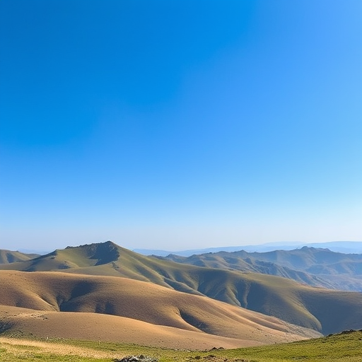 Create an image of a serene landscape with rolling hills and a clear blue sky, captured with a Canon EOS R5 at 24mm, f/8, ISO 100, 1/125s, in landscape orientation, using a wide-angle lens for enhanced depth and clarity.