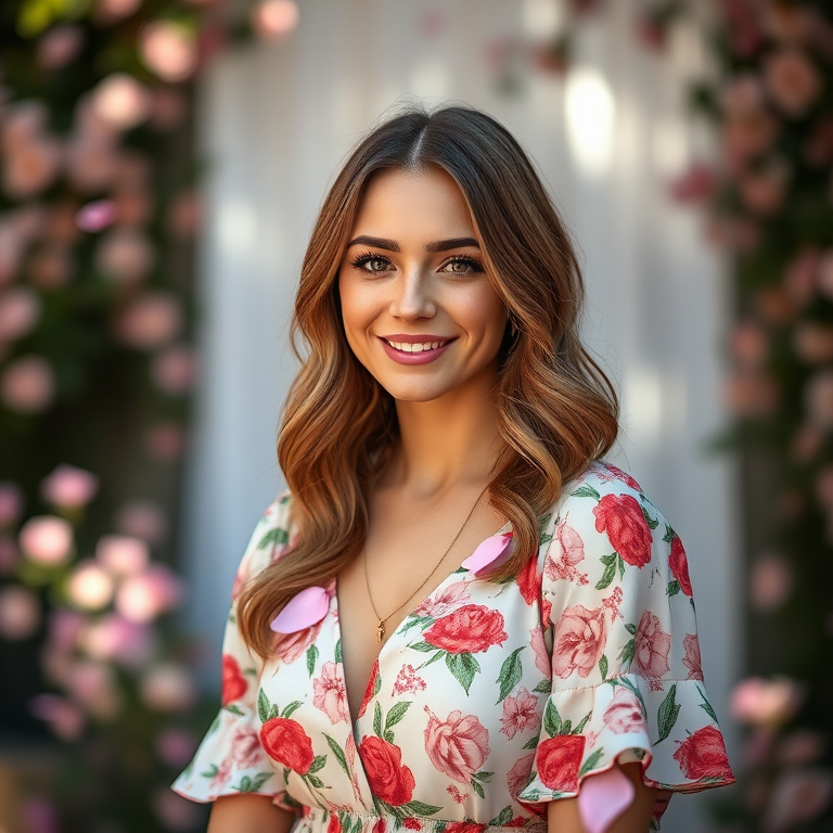 Portrait of a woman in a floral dress with a soft smile, surrounded by flower petals, soft focus background, natural light, shot with a Canon EOS R5 at 85mm f/1.2, aperture priority mode, ISO 100, shallow depth of field.