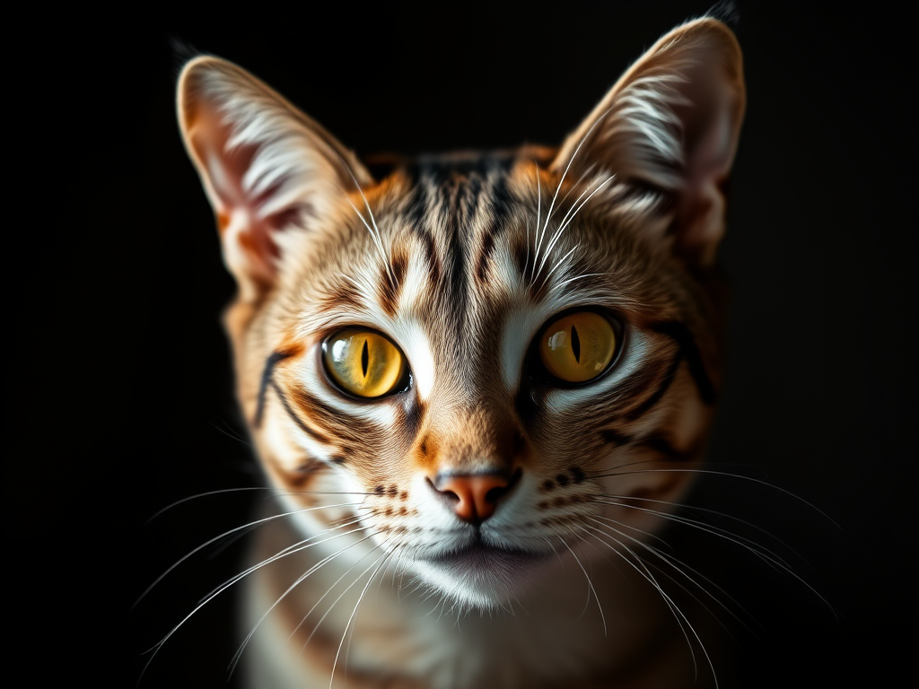 high-resolution close-up of a cat with striking yellow eyes in soft natural light, using a DSLR camera with an aperture of f/2.8, shutter speed of 1/200 sec, ISO 100, with a shallow depth of field, focusing on the cat's face, against a dark background to enhance contrast