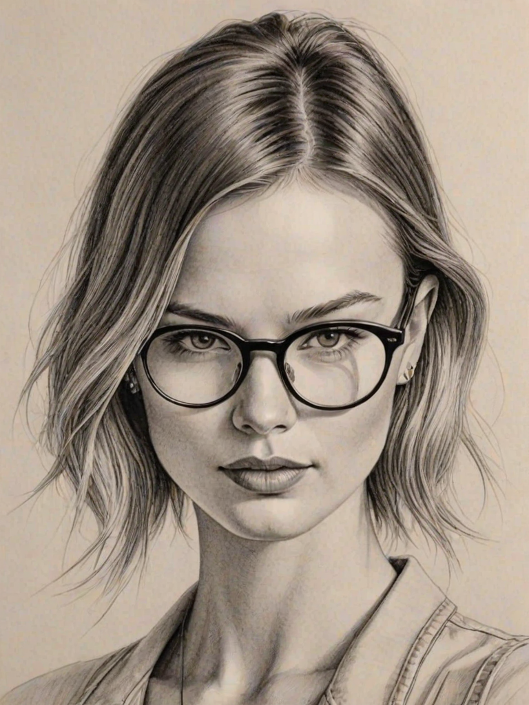Stunning Behati Prinsloo, pencil sketch, portrait of Beauteous woman 1926s in glasses, hair style beatnik, outline, clear lines, fine lines, 8k