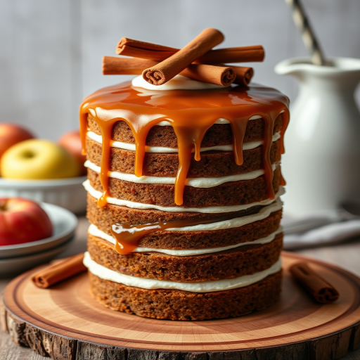 Create an image of a tall layered cake with a rustic appearance featuring alternating layers of brown cake and white frosting topped with a glossy caramel drizzle. Decorate the top with cinnamon sticks and place the cake on a wooden serving platter. In the background, include hints of apples and a decorative milk jug to enhance the cozy atmosphere.