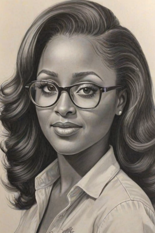 Graceful Keshia Knight Pulliam, pencil sketch, portrait of Alluring woman 1941s in glasses, hair style beatnik, outline, clear lines, fine lines, 8k