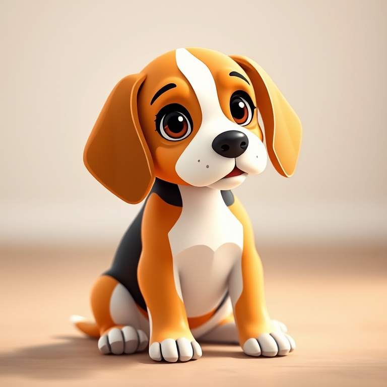 generate a high-quality image of a cartoon-style beagle puppy sitting and looking forward, captured with a Canon EOS R5, 50mm lens, f/1.8 aperture, ISO 100, natural lighting, shallow depth of field, vibrant colors, and smooth background.