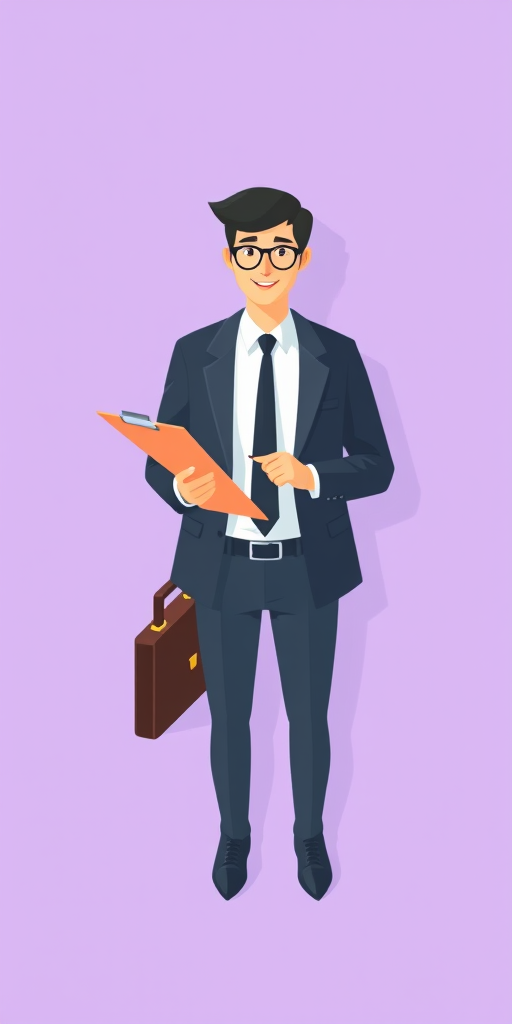 Generate a clean, minimalistic vector illustration of a person in business attire with a briefcase, a clock, and a clipboard, using a soft purple background, with a focus on flat design elements, shot with a digital camera at 50mm, aperture f/2.8, ISO 100, and a top-down view to enhance image quality.