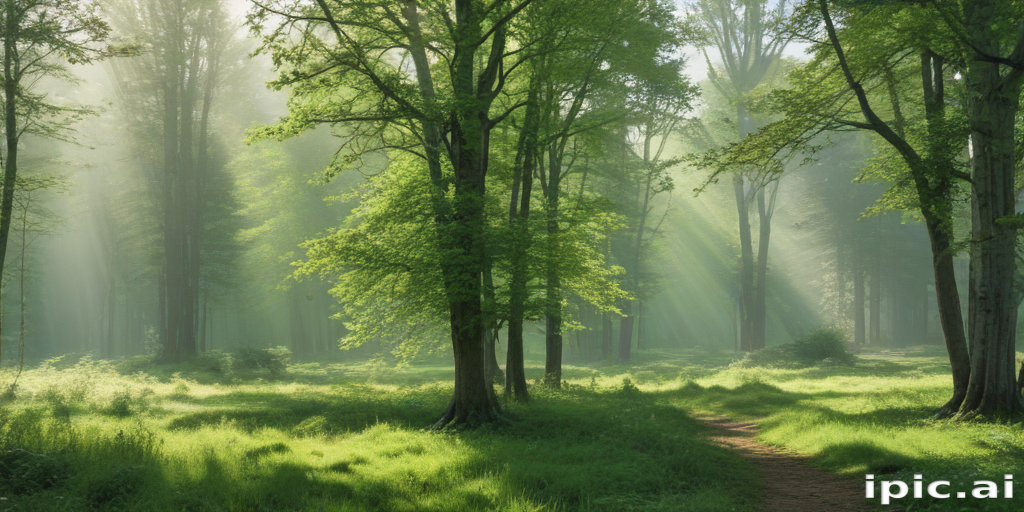 Serene Forest Landscape with Sunlight Streaming Through Lush Green Trees