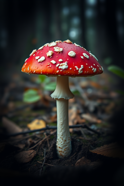 Regenerate the image of a vibrant red mushroom with white spots in a dark, atmospheric forest setting, using a DSLR camera with a 50mm lens, aperture set to f/2.8, ISO 200, and a slight vignette effect for added depth and focus on the mushroom.