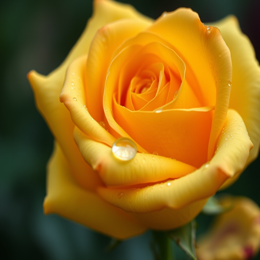 Close-up shot of a yellow rose with dew drops on its petals, taken with a DSLR camera, 50mm lens, f/2.8 aperture, ISO 100, 1/200 sec shutter speed, natural light with a soft bokeh background.