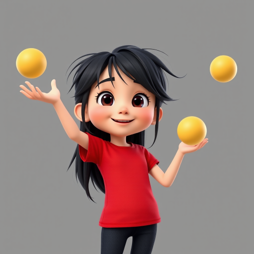 A 3D animated 6-year-old girl with long messy dark hair, joyfully She is juggling balls with her hand. , wearing a red t-shirt and black jeans, set against a gray background.
