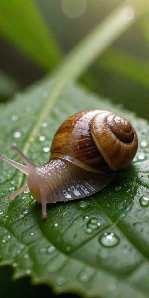 Sharp, high-resolution close-up of a snail slowly making its way across a dewy leaf, soft light reflecting off its slimy trail, tiny details of the leaf's veins visible, and the quiet stillness of the moment.