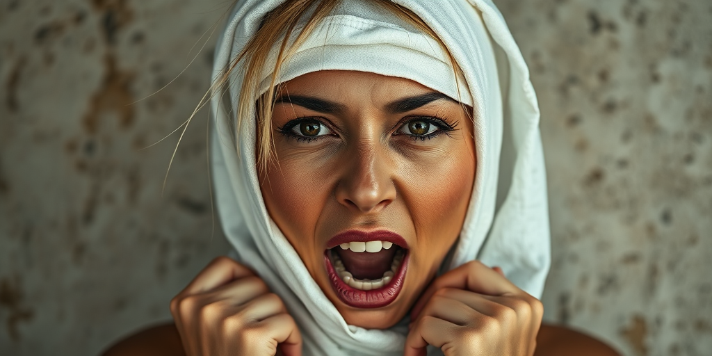 Create a close-up photographic image of a Native American woman with light skin tones shown against an old, worn wall. Their head is wrapped in a white cloth covering (i.e.... parts of the head except the nose and mouth, which are open as if they are screaming...), with a slight texture and visible folds in the fabric. Thin strands of blonde hair escape from the wrapping above, falling lightly at the top and sides. Their hands hold the fabric as if they are tugging nervously. The lighting is dramatic and even, casting strong shadows. The image has a minimalist and surreal style with an emphasis on simplicity with soft color tones. The composition is centered.