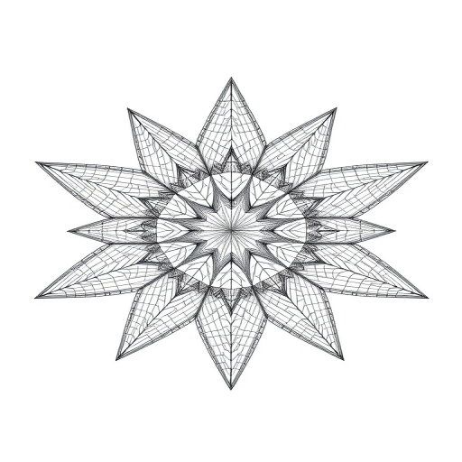 Generate a high-resolution 3D wireframe mesh pattern resembling a star shape with sharp points, captured with a DSLR camera, using a 50mm lens at f/8 aperture, ISO 100, and a shutter speed of 1/250s, in a clean white background for contrast.