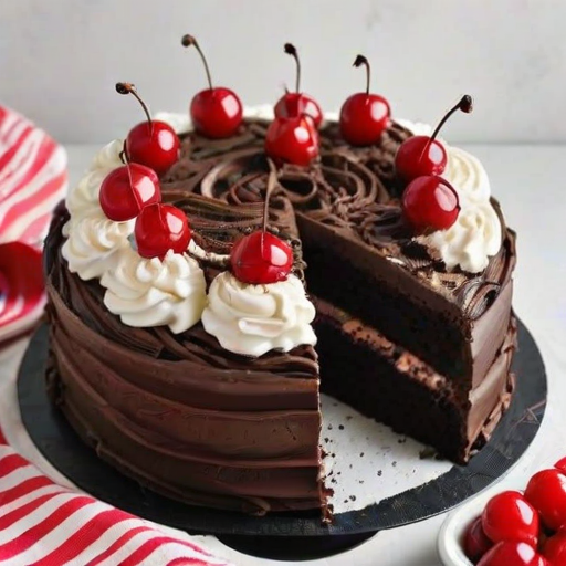Create an image of a round chocolate cake with a rich, dark chocolate base. The top is adorned with whipped cream rosettes, chocolate curls, and bright red cherries. The cake is set on a simple wire rack with a light, textured background that enhances the cake's features. Include a striped kitchen towel beside the cake for added detail.