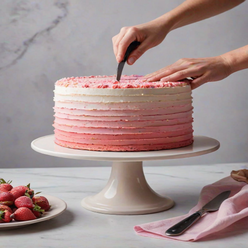 Create an image of a beautifully decorated cake with an ombre effect. The cake should have a smooth gradient from light pink at the top to a deeper pink at the bottom. A person is gently smoothing the sides of the cake with a spatula, showcasing the finishing touches. The cake is placed on a rotating cake stand, and the background should be a clean kitchen setting.