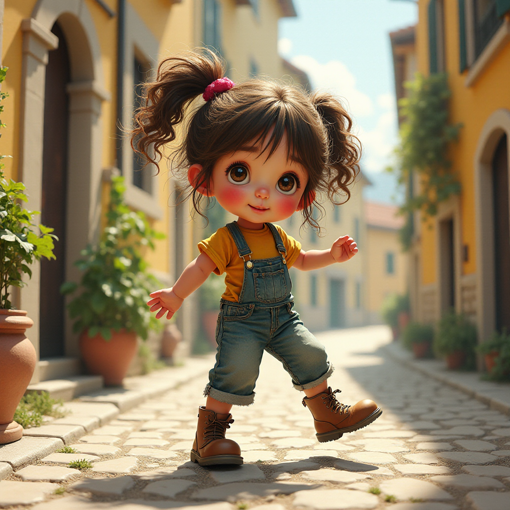Whimsical little 3-year-old girl wearing scruffy tomboy clothes, boots, messy hair heavily blushed cheeks, pink lips, closely dancing in the street of an Italian village,Textured painterly fantasy artistic mixed media