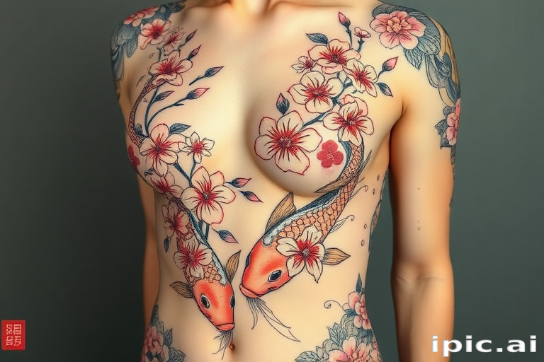 Elegant floral body tattoo wrapping around the torso, showcasing delicate cherry blossoms and koi fish in traditional Japanese irezumi style with bold black outlines and soft pastel colors