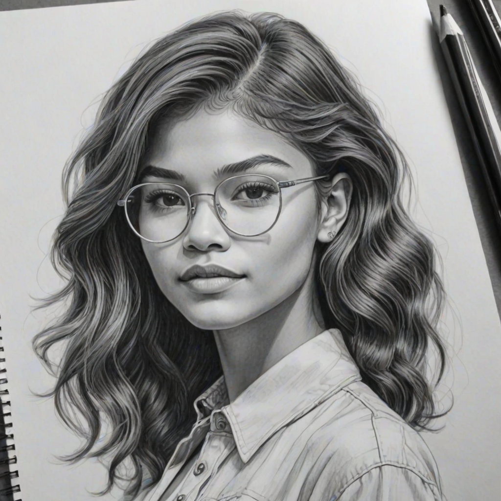 Attractive Zendaya, pencil sketch, portrait of Gorgeous woman 1965s in glasses, hair style beatnik, outline, clear lines, fine lines, 8k