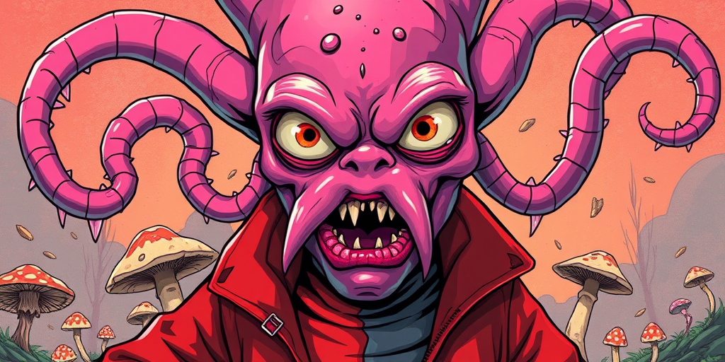 Create a vivid illustration of a monster with a pink, tentacled head, wearing a red jacket, featuring exaggerated eyes and mushrooms, in a high-contrast style, captured with a DSLR camera, 50mm lens, f/2.8 aperture, and vibrant colors.